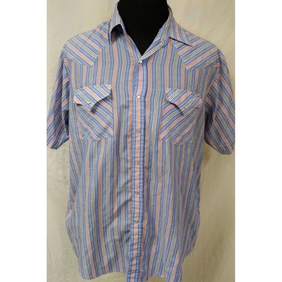 Plains Western Wear Mens Large Blue Red Stripe Pearl Snap Short Sleeve Shirt - Picture 1 of 11